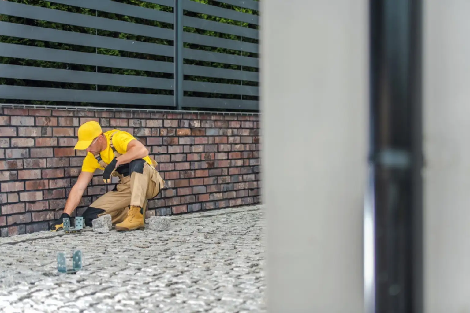 Håndværker i gul trøje og kasket lægger brosten langs en mur af mursten
